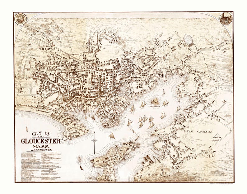 May include: An antique map of Gloucester, Massachusetts, showing the city's streets, waterways, and buildings. The map is drawn in a sepia tone and includes the text "City of Gloucester, Mass. References".