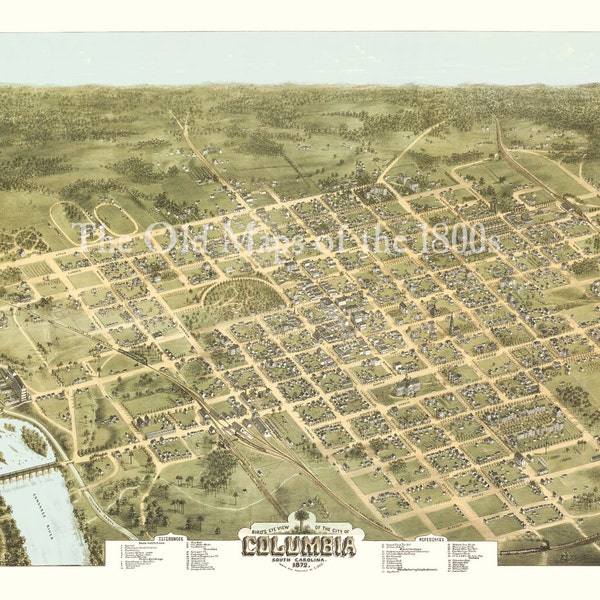 Columbia, South Carolina in 1872 - Bird's Eye View, Map, Aerial, Panorama, Vintage, Antique, Fine Art, Wall art