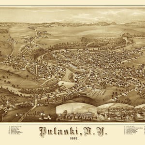 Pulaski, New York en 1885 - Vue aérienne, aérienne, panorama, vintage, carte ancienne, reproduction, giclée, beaux-arts, carte murale, histoire