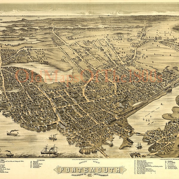 Portsmouth, New Hampshire in 1877 - Bird's Eye View, Aerial, Panorama, Vintage, Antique, Reproduction, Giclée, Fine Art, Wall Map, History