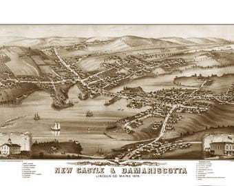 Newcastle & Damariscotta, Maine in 1878 - Bird&#39;s Eye View Map, Aerial, Panorama, Vintage, Antique, Reproduction, Giclée, Framable, Fine Art