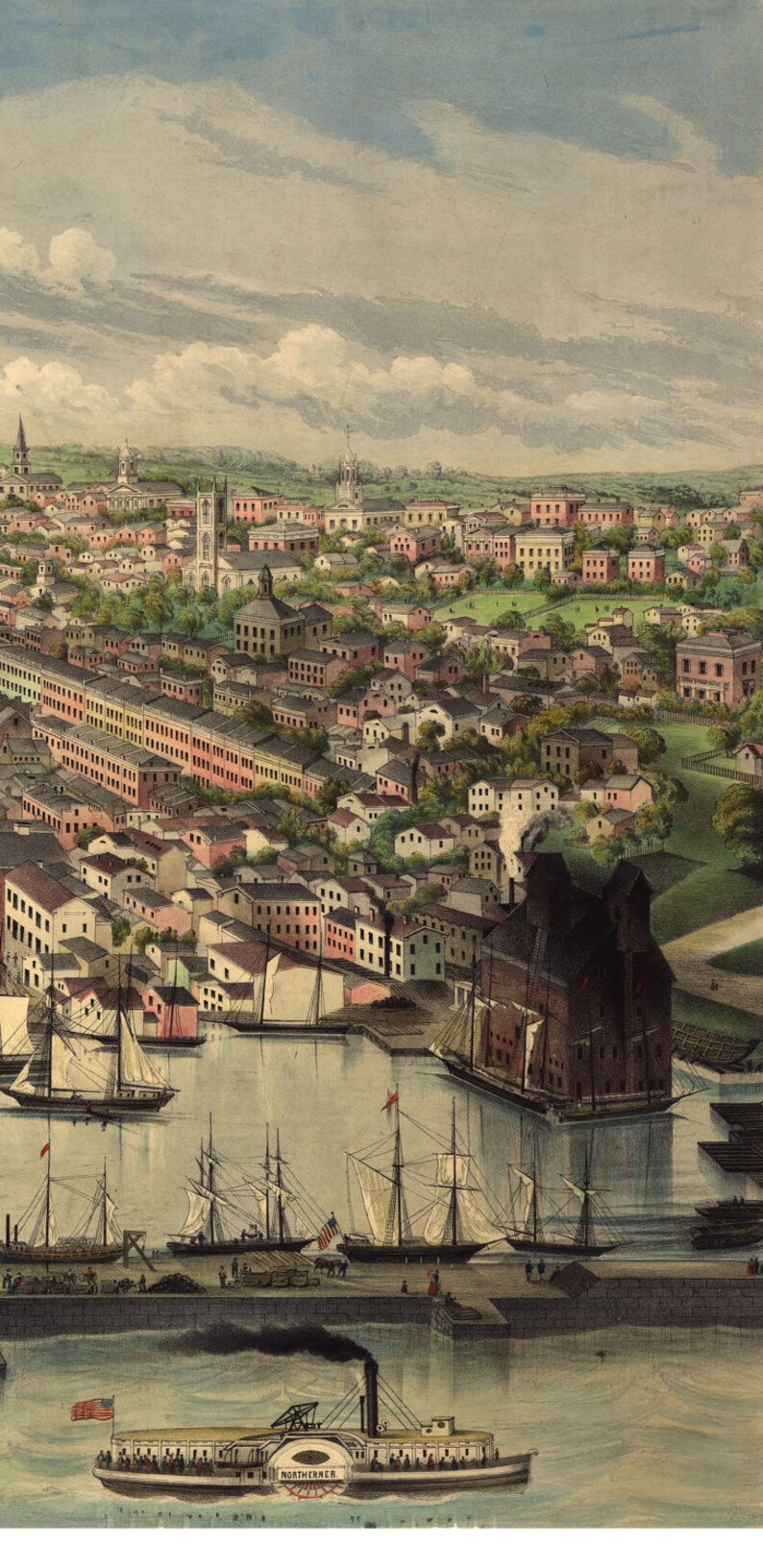 Framable Panorama Fine Art Wall art Reproduction Oswego New York in 1855 Antique Aerial Vintage Bird/'s Eye View Map Gicl\u00e9e