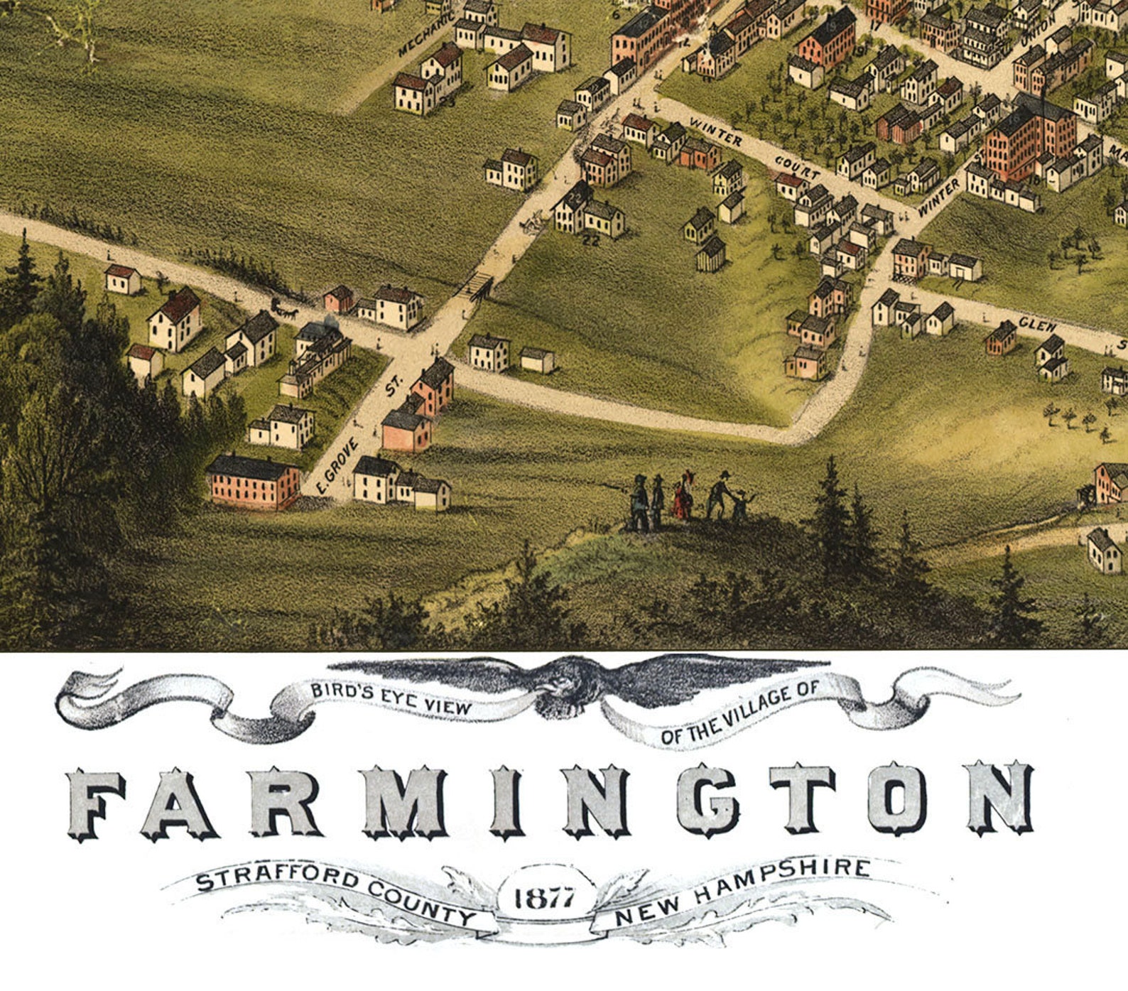 Farmington, New Hampshire in 1877 Bird's Eye View Map, Aerial, Panorama