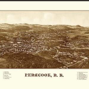 Penacook, New Hampshire en 1887 - Vue aérienne, Vue aérienne, Panorama, vintage, Carte ancienne, Reproduction, Art, Carte murale, Histoire
