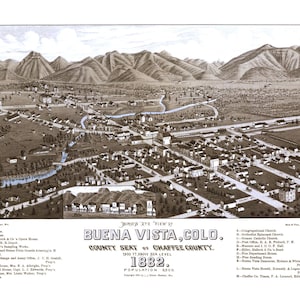 Buena Vista, Colorado in 1882 - Bird&#39;s Eye View Map, Aerial map, Panorama, Vintage, Antique map, Reproduction, Fine Art, Wall Art, History