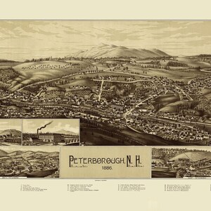 Peterborough, New Hampshire 1886 - Vue aérienne, aérienne, panorama, vintage, carte ancienne, giclée, beaux-arts, carte murale, histoire
