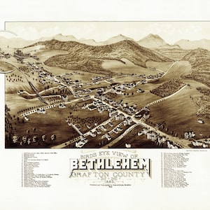 Bethléem, New Hampshire en 1883 - carte avec vue plongeante, aérienne, panorama, vintage, antiquité, reproduction, giclée, encadré, beaux-arts