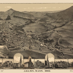 Adams, Massachusetts in 1882 - Bird&#39;s Eye View, Aerial map, Panorama, Vintage, Antique map, Reproduction, Giclée, Framable map, Fine Art