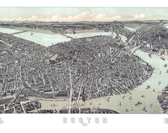 May include: An aerial view of Boston, Massachusetts in 1899. The city is shown in black and white with a detailed view of the buildings and streets. The Charles River and Boston Harbor are visible in the image.