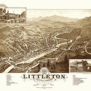 Littleton, New Hampshire en 1883 - Carte aérienne, carte aérienne, carte panoramique, carte vintage, carte ancienne, reproduction, jet d'encre, beaux-arts