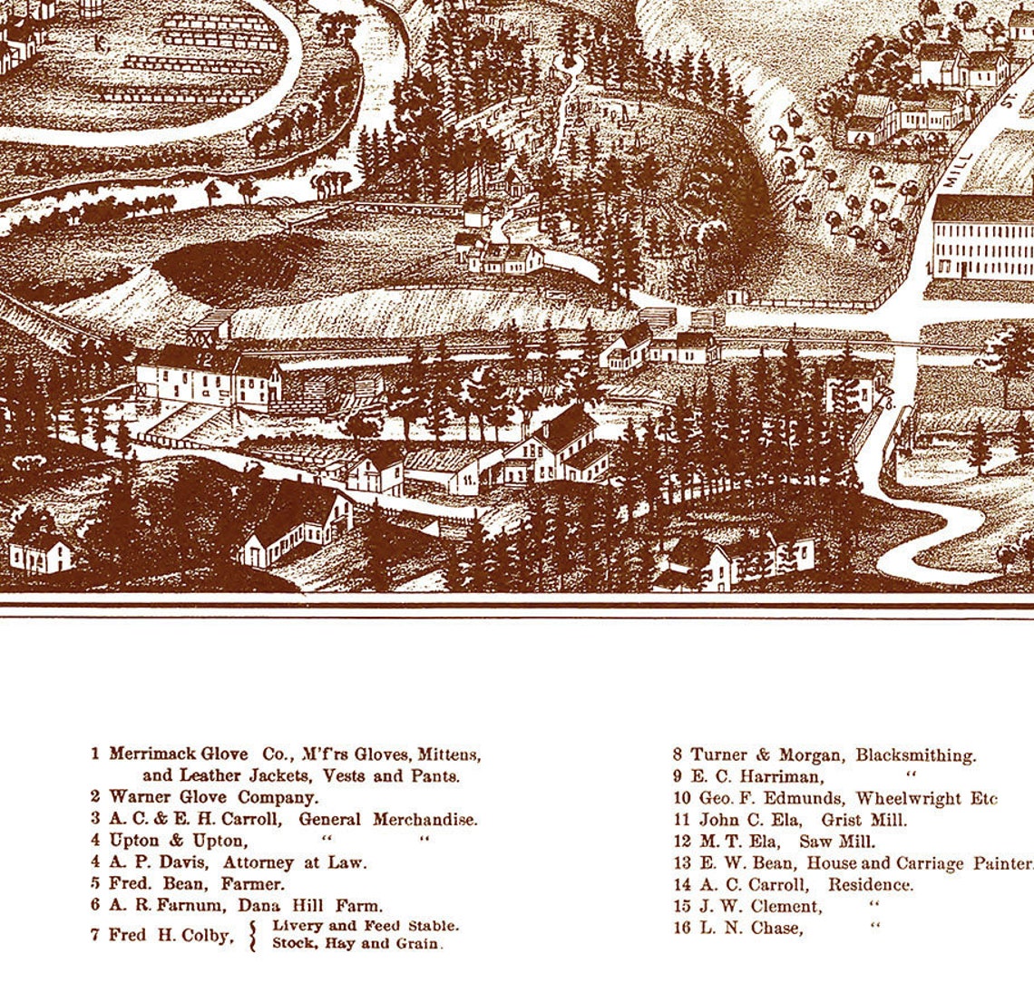 Warner, New Hampshire in 1887 Bird's Eye View, Aerial, Panorama