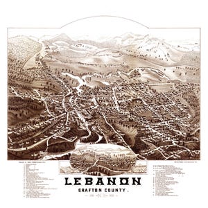 Liban, New Hampshire en 1884 - Carte avec vue plongeante, aérienne, panorama, carte vintage, carte ancienne, reproduction, à encadrer, carte beaux-arts