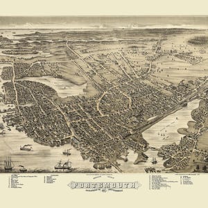 Portsmouth, New Hampshire en 1877 - Vue aérienne, aérienne, panorama, vintage, antiquité, reproduction, giclée, beaux-arts, carte murale, histoire