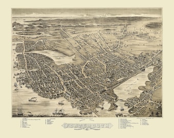 Portsmouth, New Hampshire in 1877 - Bird&#39;s Eye View, Aerial, Panorama, Vintage, Antique, Reproduction, Giclée, Fine Art, Wall Map, History