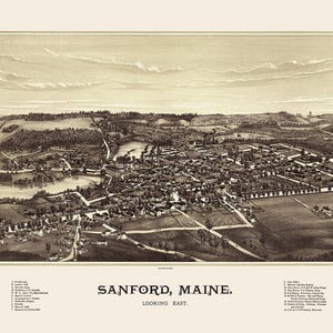 Sanford, Maine in 1889 - Bird&#39;s Eye View, Aerial, Panorama, Vintage, Antique Map, Reproduction, Giclée, Fine Art, Wall Map, History
