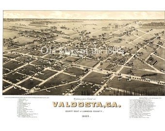 Valdosta, Georgia in 1885 - Bird's Eye View Map, Aerial, Panorama, Vintage, Antique, Reproduction, Giclée, Fine Art, Wall Art, History