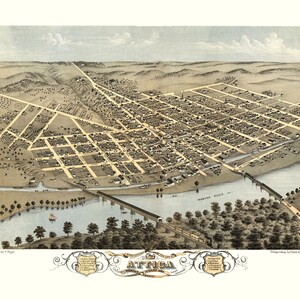 Attica, Indiana in 1869 - Bird's Eye View Map, Aerial Map, Panorama, Vintage map, Antique map, Reproduction, Giclée, Framable map, Fine Art