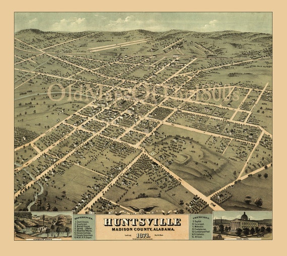 Aerial Map Of Alabama Huntsville Alabama In 1871 Bird's Eye View Map Aerial | Etsy Singapore