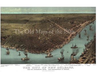 New Orleans, LA in 1885, and the Mississippi River, with Lake Pontchartrain in the background - Bird's Eye View, Vintage, Antique, Wall art