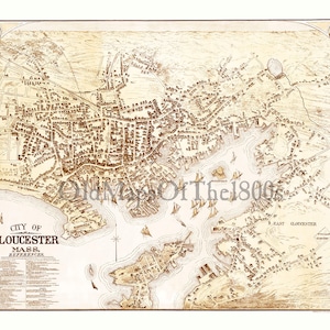 Gloucester, Massachusetts in 1873 - Bird's Eye View Map, Aerial, Panorama, Vintage, Antique, Reproduction, Giclée, Framable, Fine Art