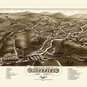 Whitefield, New Hampshire en 1883 - Vue à vol d'oiseau, Aérienne, Panorama, vintage, Antiquités, Reproduction, Giclée, Fine Art, History