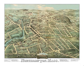May include: An antique bird's-eye view map of Northampton, Massachusetts, from 1862. The map shows the town's streets, buildings, and parks in a detailed and colorful style. The map is surrounded by a border with text that includes the town's name and the date.