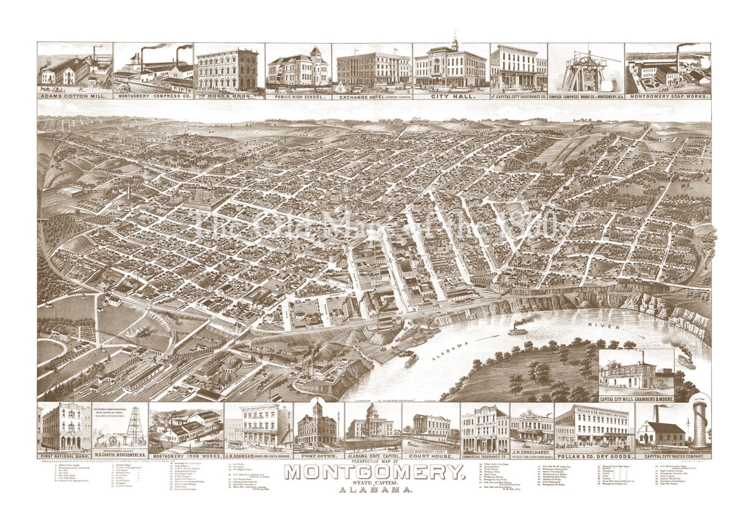 Alabama Historical Aerial Maps Montgomery Alabama In 1887 Bird's Eye View Map Aerial | Etsy Uk