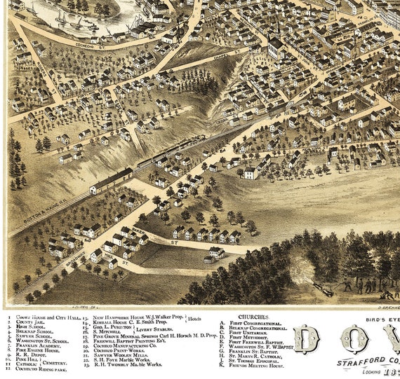 24x32 Bird's Eye View 1877 Dover New Hampshire Vintage Style City Map 