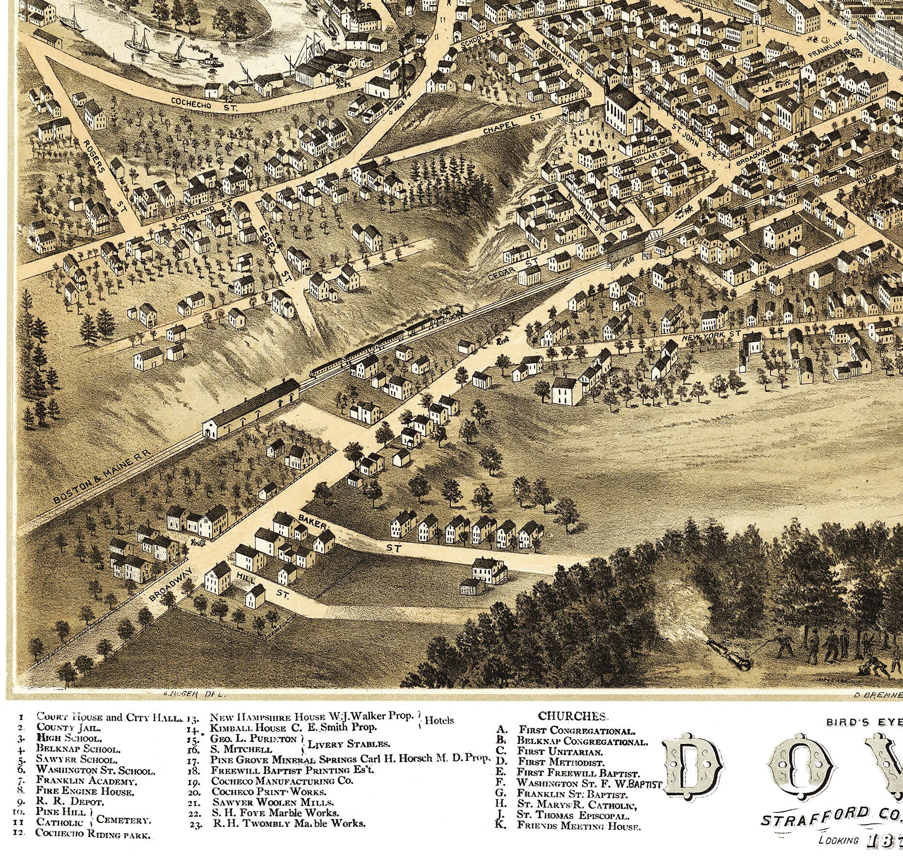Dover, New Hampshire in 1877 Bird's Eye View Map, Aerial, Panorama