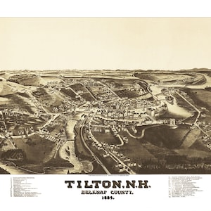 Tilton, New Hampshire en 1884 - Vue aérienne, aérienne, panorama, vintage, carte ancienne, reproduction, giclée, beaux-arts, carte murale, histoire