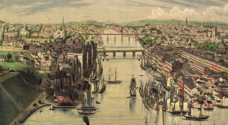 Framable Panorama Fine Art Wall art Reproduction Oswego New York in 1855 Antique Aerial Vintage Bird/'s Eye View Map Gicl\u00e9e