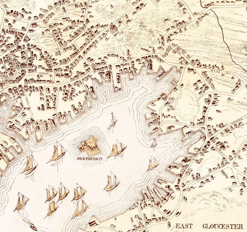 May include: An antique map of East Gloucester, Massachusetts, showing the harbor and surrounding area. The map is drawn in black and white ink on a cream-colored background. The map includes the text "Five Pound Is." and "East Gloucester".