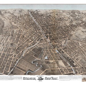 Syracuse, New York en 1874 - Carte vue aérienne, aérienne, panorama, vintage, antiquité, reproduction, giclée, encadré, beaux-arts