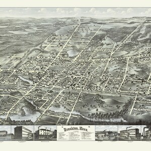 Brockton, Massachusetts en 1878 - Vue aérienne, aérienne, panorama, vintage, antiquité, reproduction, giclée, beaux-arts, carte murale, histoire