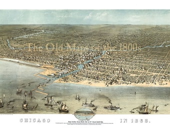 Chicago, Illinois in 1868 - Bird's Eye View, Aerial Map, Panorama, Vintage map, Antique map, Reproduction, Giclée, Framable map, Fine Art