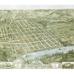 Knoxville, Tennessee in 1871 - Bird&#39;s Eye View, Map, Aerial, Panorama, Vintage, Antique, Fine Art, Wall Art, History