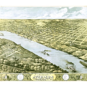 May include: An antique bird's-eye view map of Atchison, Kansas, showing the city's layout and the Missouri River winding through it. The map is in shades of green, brown, and blue, with a decorative border.