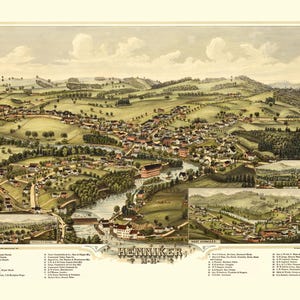 Henniker, New Hampshire en 1889 - Carte avec vue plongeante, aérienne, panorama, vintage, antiquité, reproduction, giclée, encadré, beaux-arts