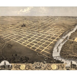 Topeka, Kansas in 1869 - Bird&#39;s Eye View Map, Aerial Map, Panorama, Vintage map, Antique map, Reproduction, Giclée, Framable map, Fine Art