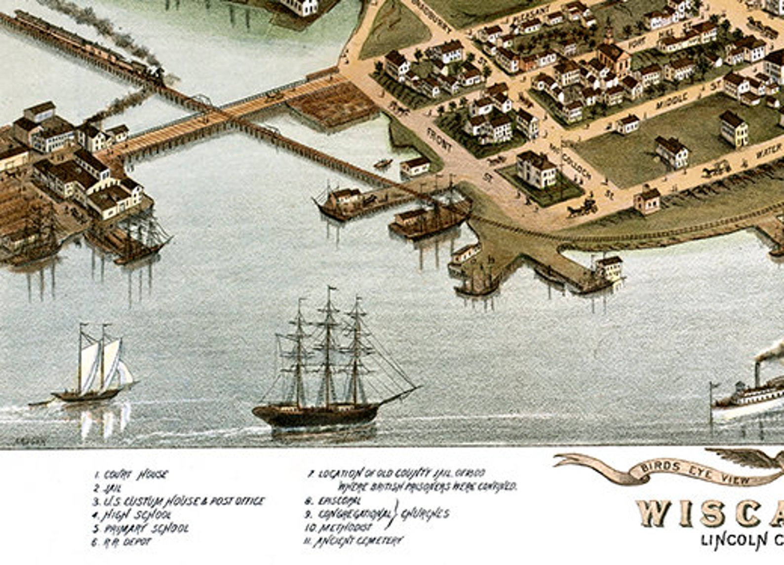 Wiscasset, Maine in 1878 Bird's Eye View Map, Aerial, Panorama, Vintage