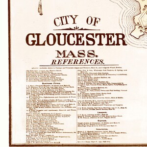 May include: A vintage map of Gloucester, Massachusetts, with a list of businesses and references. The map is printed in brown ink on a white background. The map shows the city's streets, buildings, and landmarks.