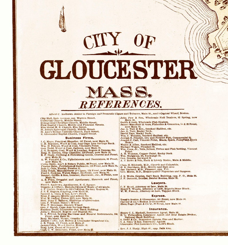 May include: A vintage map of Gloucester, Massachusetts, with a list of businesses and references. The map is printed in brown ink on a white background. The map shows the city's streets, buildings, and landmarks.