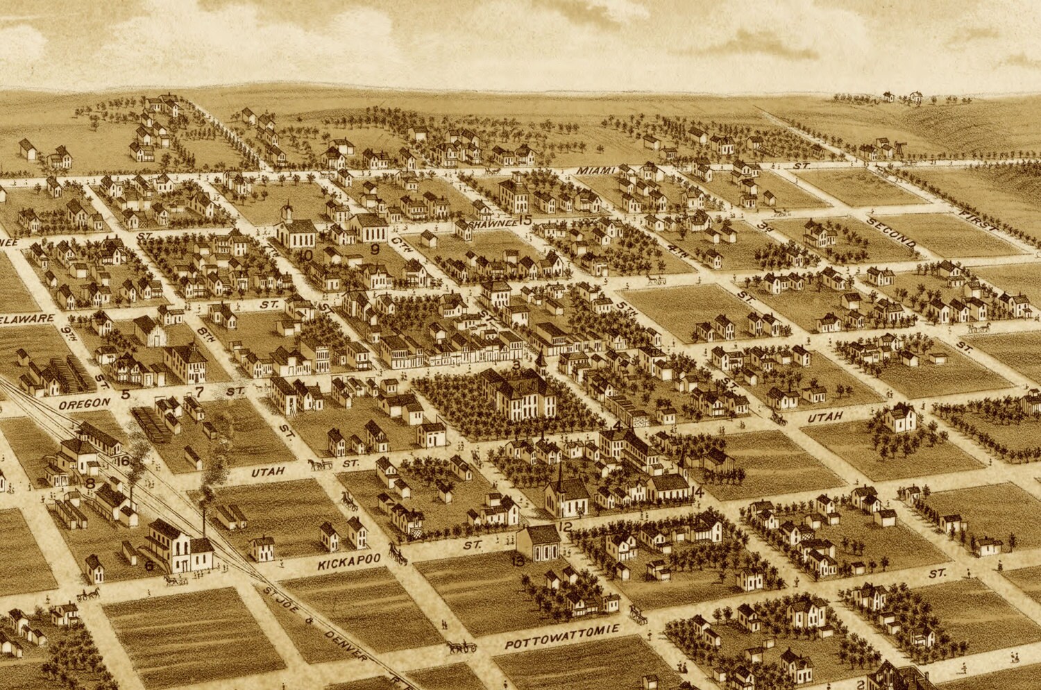 Hiawatha Kansas in 1879 Bird #39 s Eye View Map Aerial Map Panorama