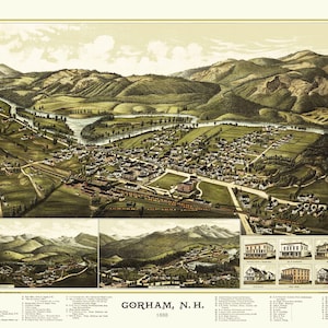 May include: A vintage map of Gorham, N.H., from 1888, showcasing a detailed aerial view of the town. The map features a river, mountains, and buildings, with inset illustrations of local landmarks. The color palette includes greens, browns, and beige.