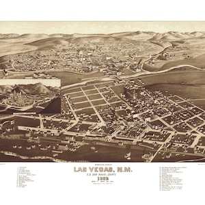 Las Vegas, Nouveau-Mexique en 1882 - Vue aérienne, Vue aérienne, Panorama, carte vintage, Carte ancienne, Reproduction, Giclée, Carte à encadrer, Fine Art