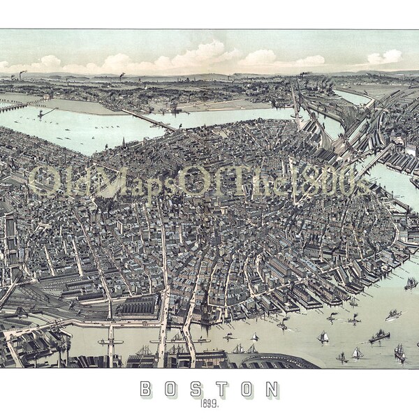 Boston, Massachusetts in 1899 - Bird's Eye View Map, Aerial, Panorama, Vintage, Antique, Reproduction, Giclée, Framable, Fine Art