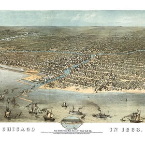 Chicago, Illinois en 1868 - Vue à vol d'oiseau, Carte aérienne, Panorama, carte vintage, Carte ancienne, Reproduction, Giclée, Carte à encadrer, Beaux-arts