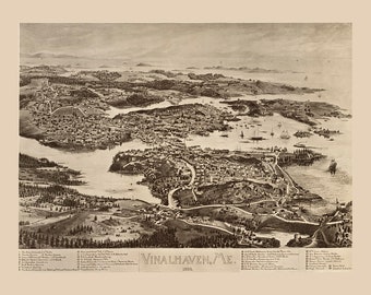 Vinalhaven, Maine in 1893 - Bird&#39;s Eye View Map, Aerial, Panorama, Vintage, Antique, Reproduction, Giclée, Framable, Fine Art
