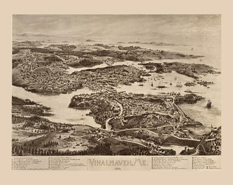 Vinalhaven, Maine in 1893 - Bird's Eye View Map, Aerial, Panorama, Vintage, Antique, Reproduction, Giclée, Framable, Fine Art