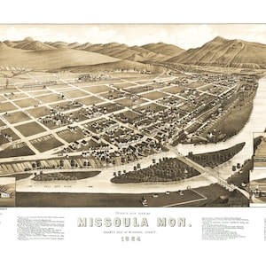 Missoula, Montana in 1884 - Bird&#39;s Eye View Map, Aerial, Panorama, Vintage, Antique, Reproduction, Giclée, Fine Art, Wall Art, History
